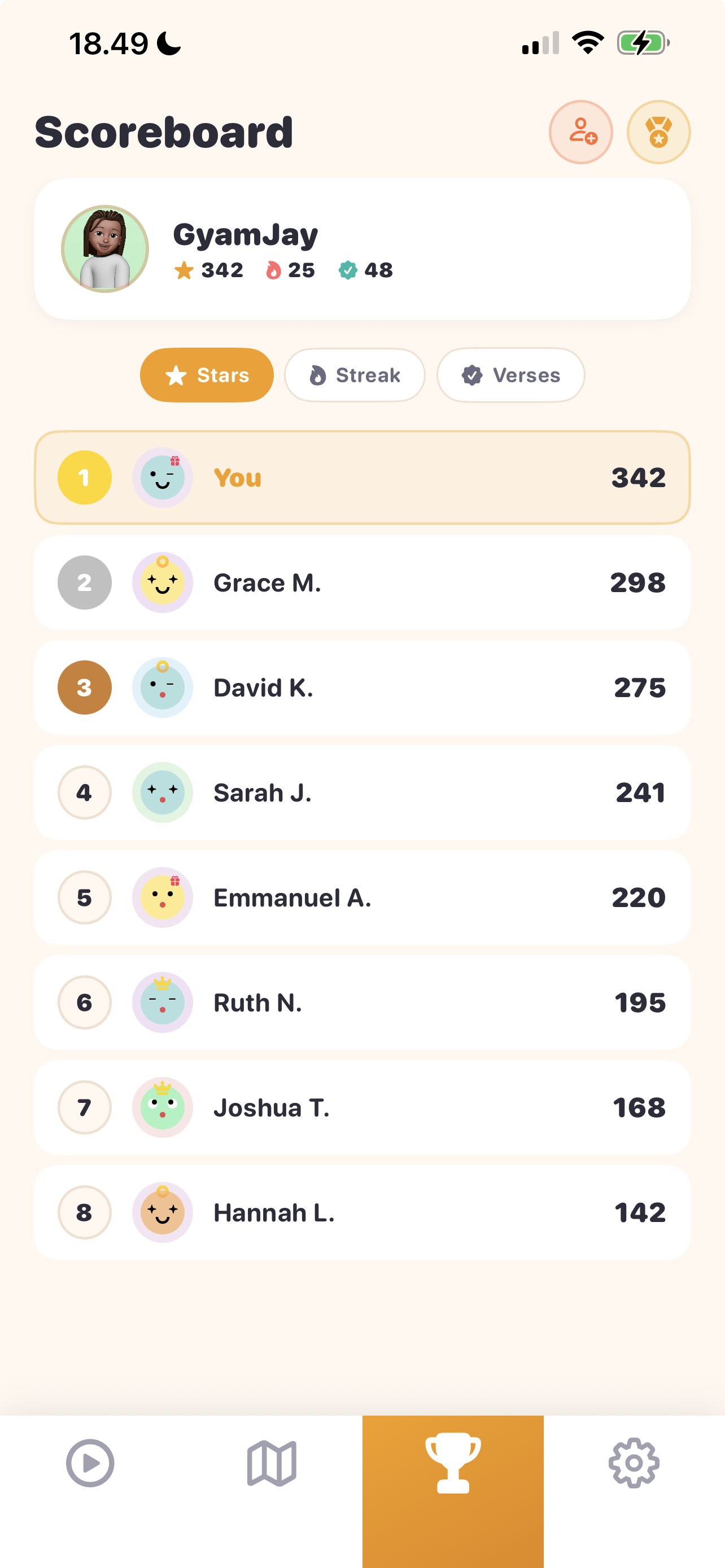 Verse app scoreboard showing leaderboard with stars, streaks, and completed verses