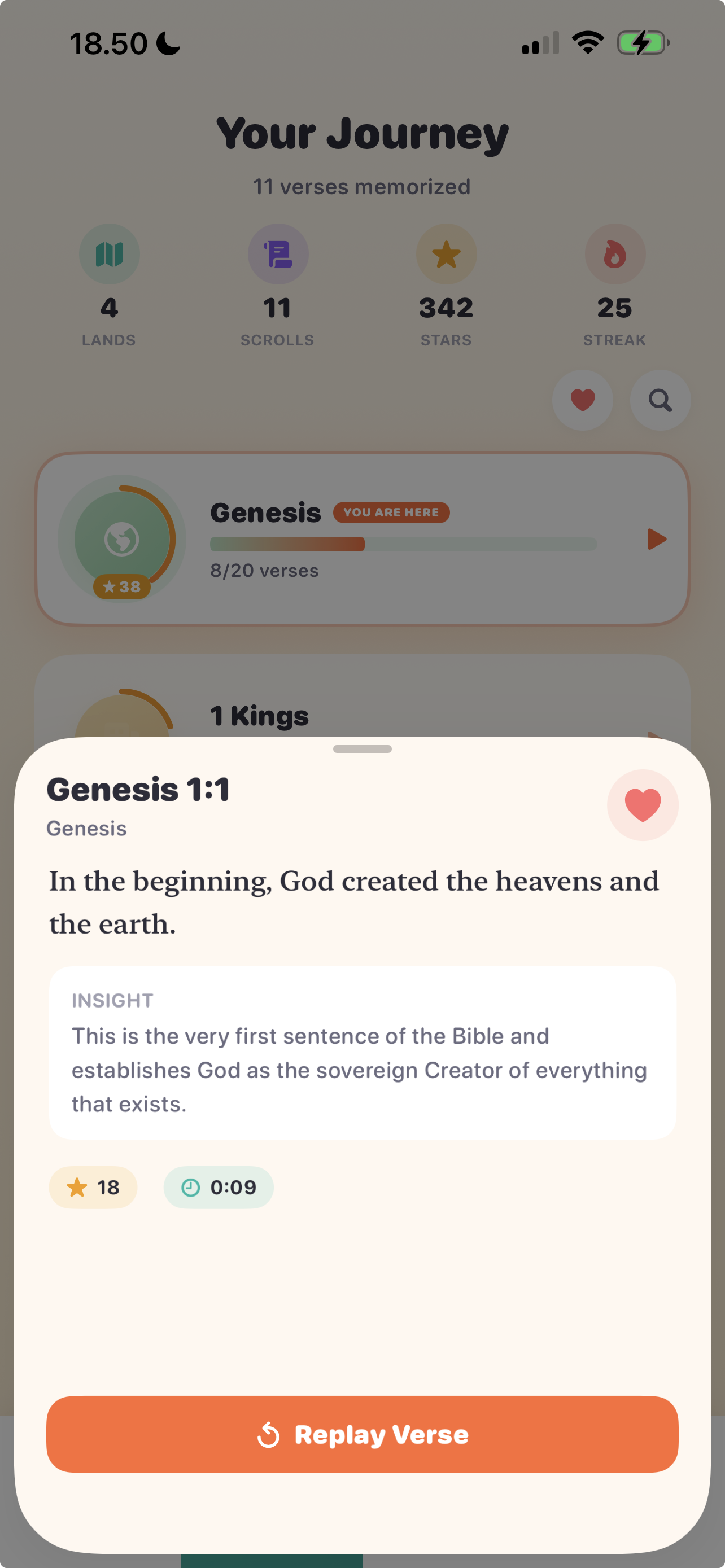 Verse app journey screen showing memorized Bible verses, progress by book, and verse insights