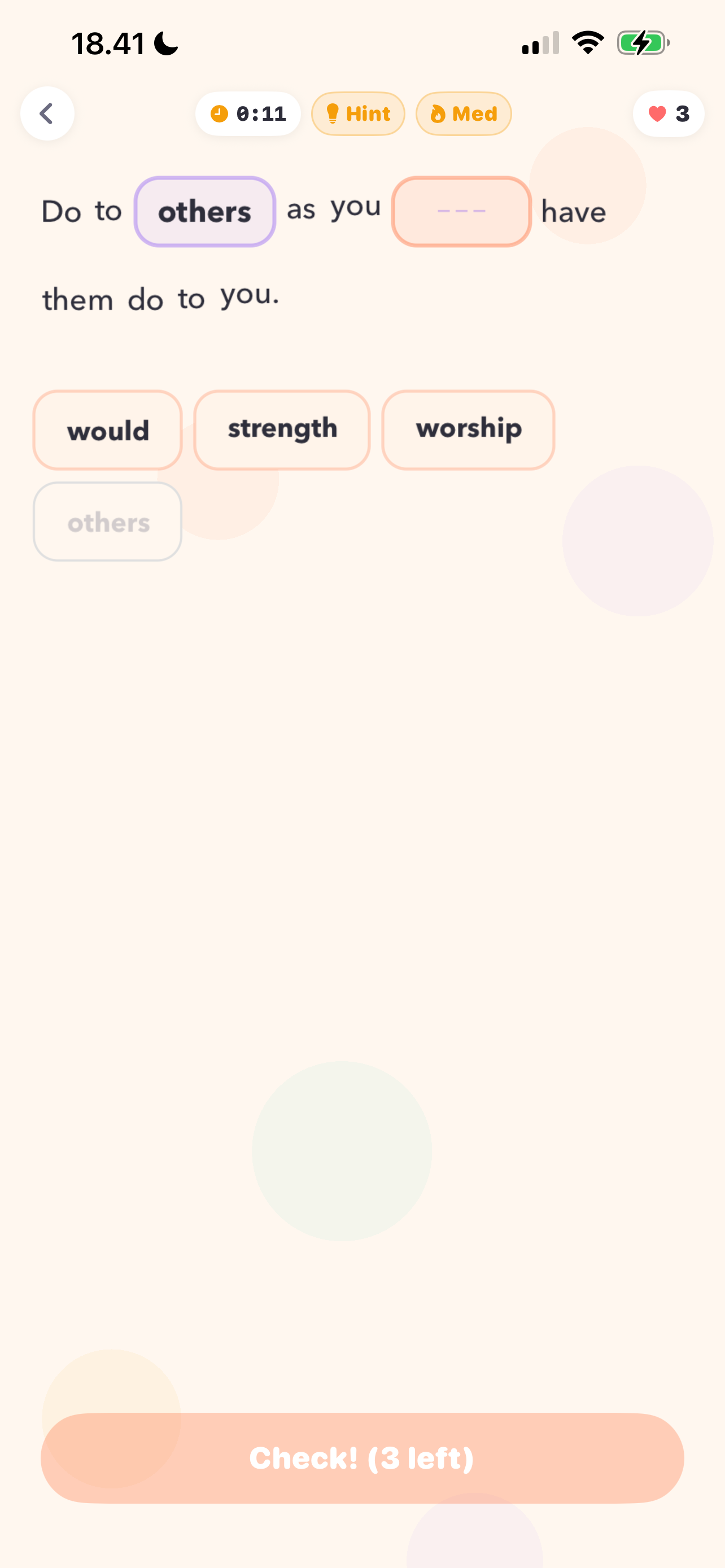 Verse app gameplay screen showing a Bible verse puzzle with word choices